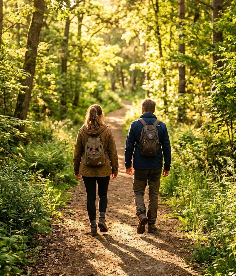 Two people walking together on a sunlit nature trail